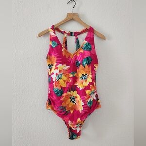 Kona Sol Women's Plus Pink Floral Tropical One-Piece Swimsuit NEW